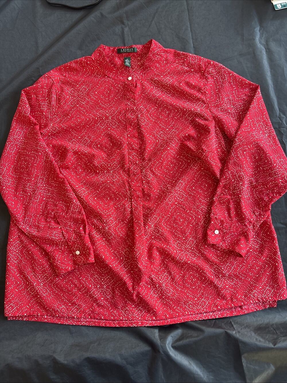 Lauren Ralph Lauren Top Red Cream Tunic Half Button Popover Long Sleeve Size 2X